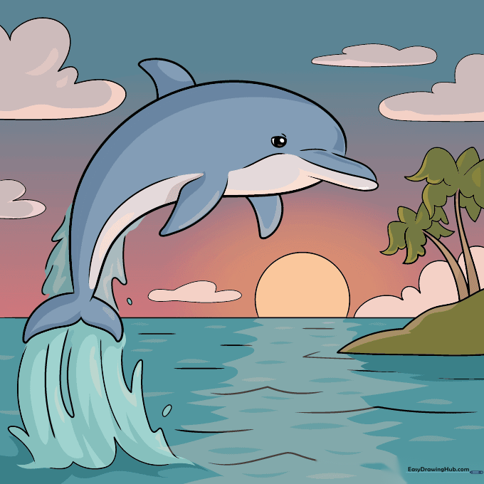 Fully colored dolphin sunset scene with vibrant orange, pink, and purple sky.