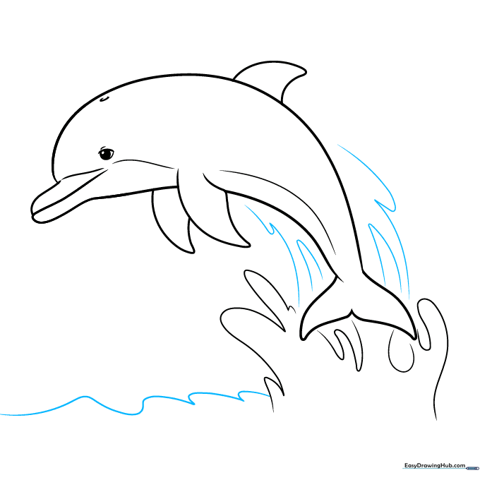 Adding horizontal wavy lines to define the water surface around the dolphin.