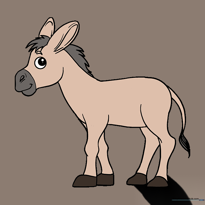 A fully colored, finished donkey drawing in shades of brown and grey.