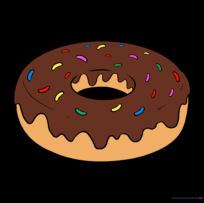 A fully colored and decorated donut drawing with vibrant icing and colorful sprinkles.