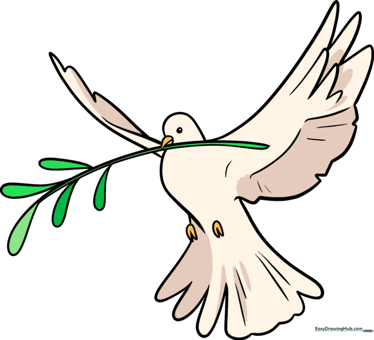 A completed, friendly-looking dove drawing holding an olive branch, perfect for beginners.