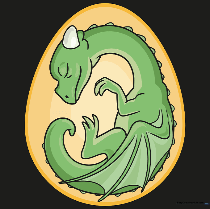 A fully colored, vibrant baby dragon hatching from an egg.