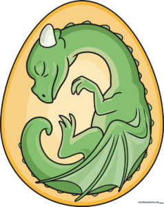 A colorful, finished drawing of a cute baby dragon hatching from a cracked egg.