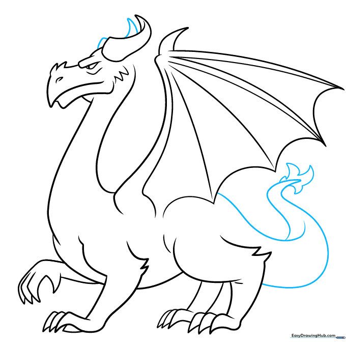 Drawing the long, tufted dragon tail.