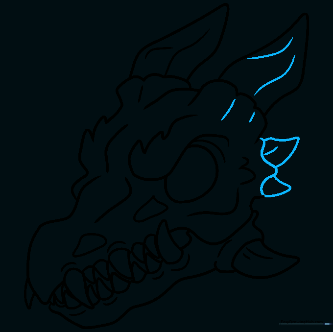 Finalizing the dragon skull outline with a pen