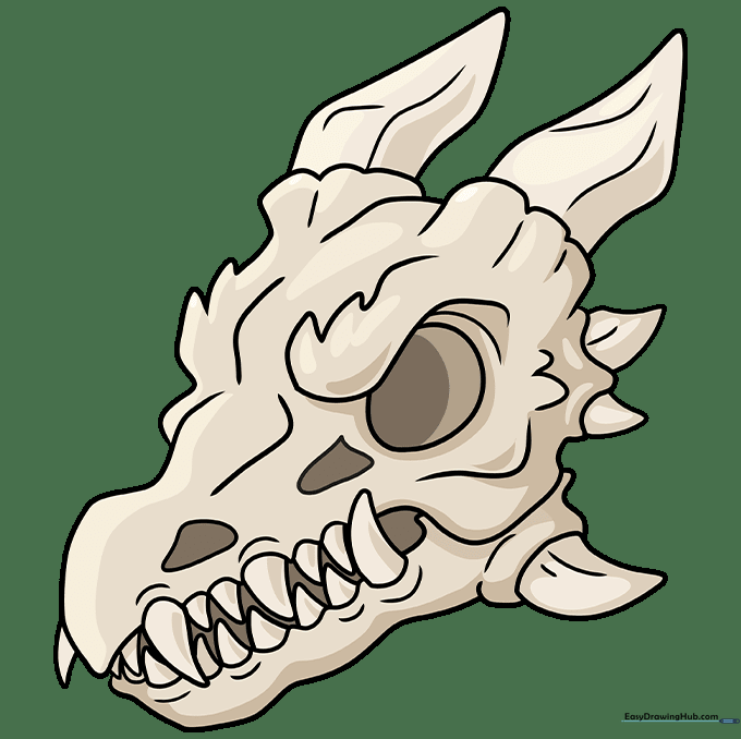 Colored dragon skull drawing with shading for depth