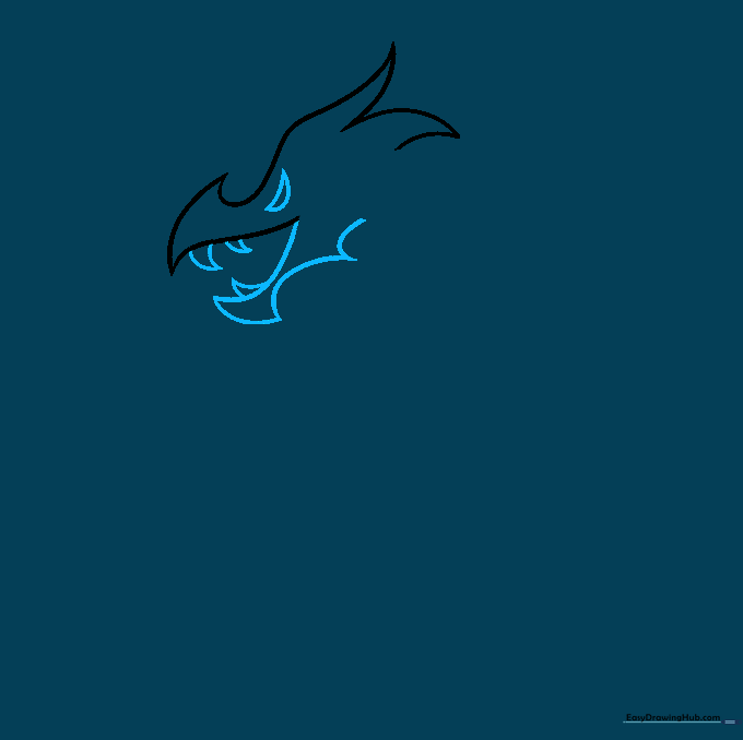 Adding the dragon's lower jaw, sharp teeth, and a crescent-shaped eye.