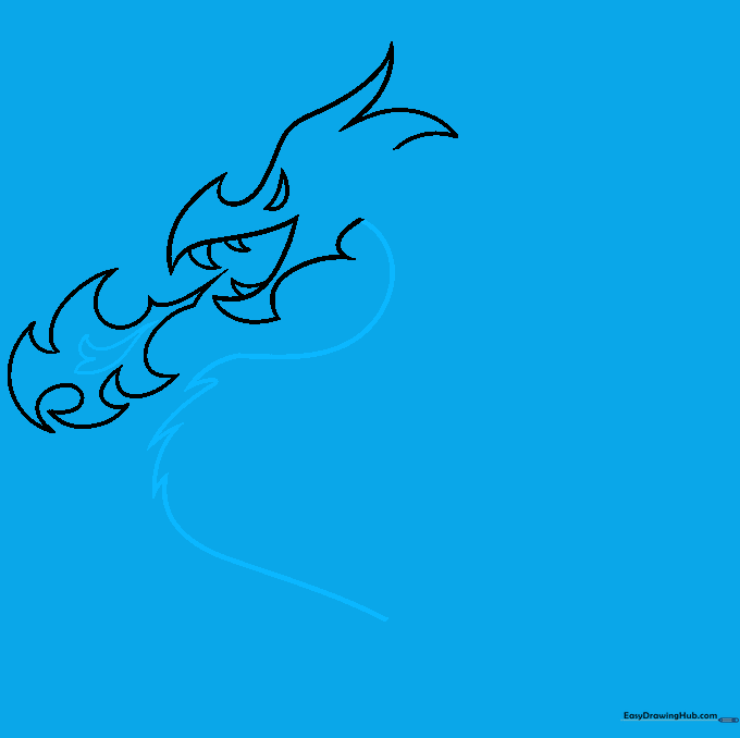 Drawing the dragon's neck and adding sharp, V-shaped scales to the chest.