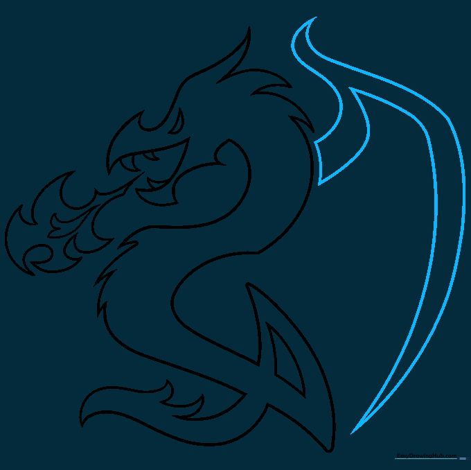 Drawing the basic structure of the dragon's wing, including the talon and sail.