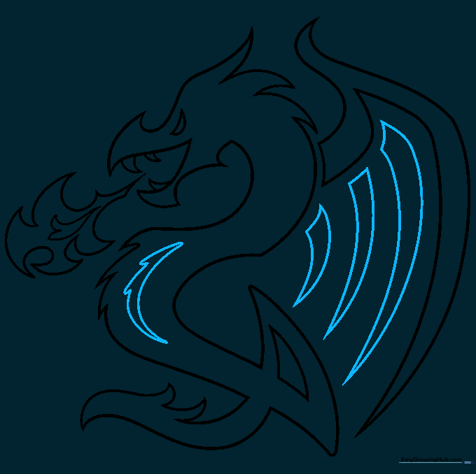 Finalizing the dragon's chest scales and completing the wing outline.