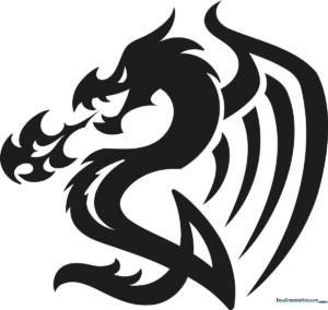 A completed, stylized dragon tattoo drawing featuring sharp lines and bold shading.
