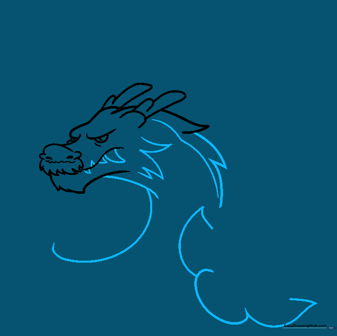 Dragon sketch showing sharp teeth, a long neck, and the beginning of a lotus flower.