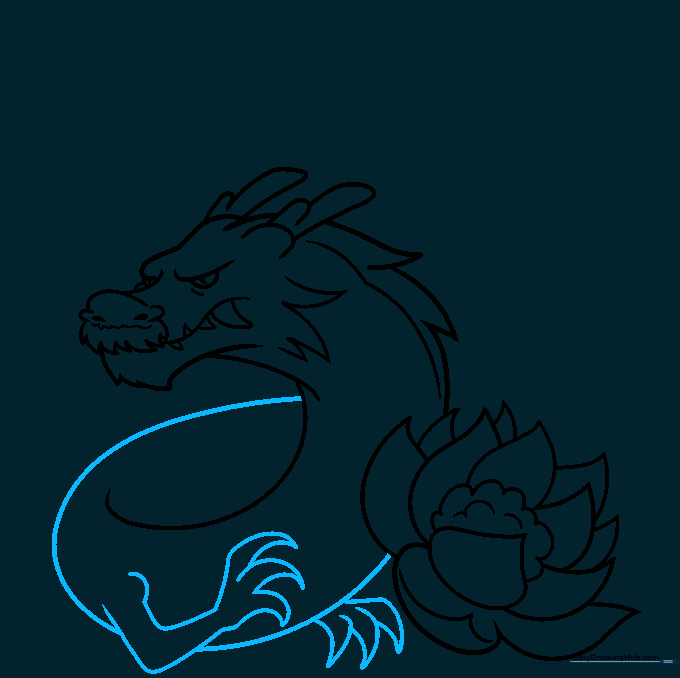 Sketch of the dragon's long, winding body and small clawed feet.