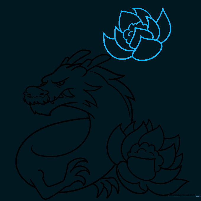 Adding a second lotus flower to the composition above the dragon's head.