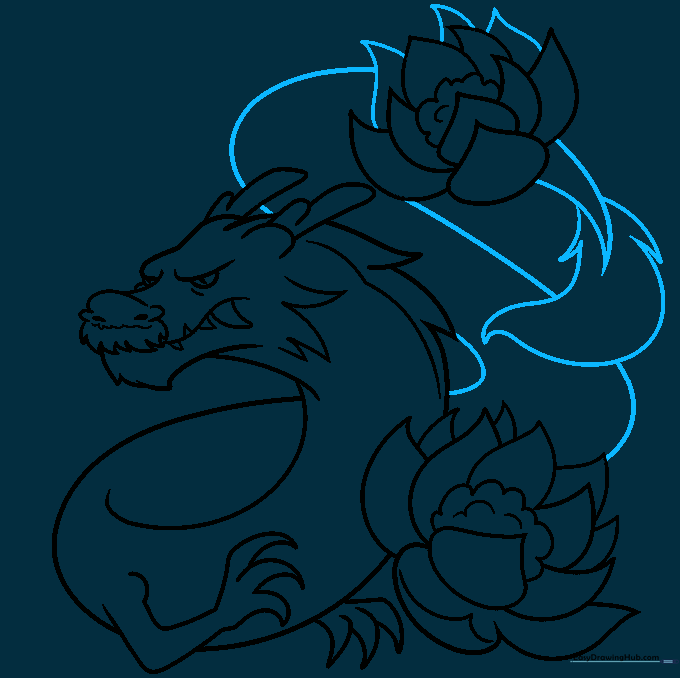 Drawing the dragon's long tail ending in a flame-shaped tuft.