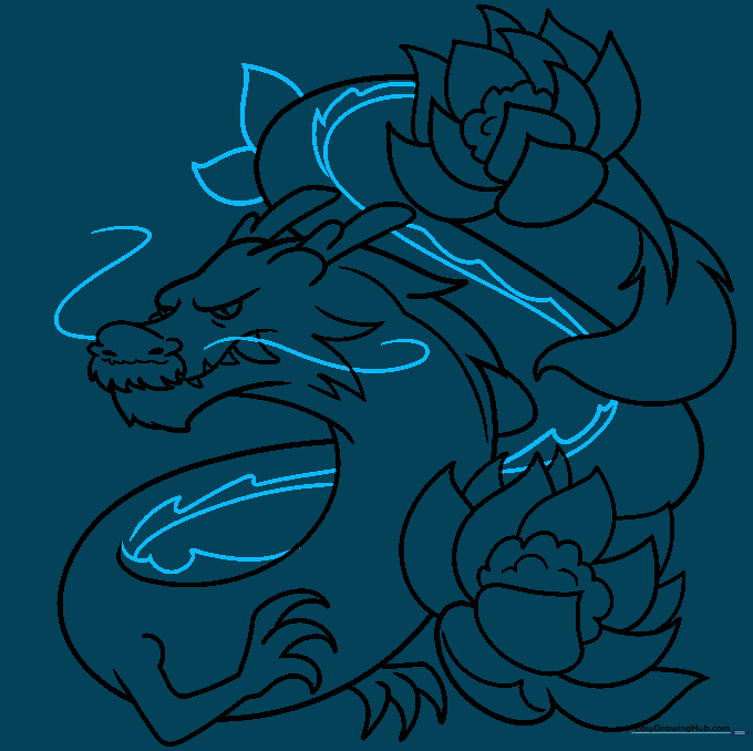 Adding fine details like whiskers and a jagged back ridge to the dragon.
