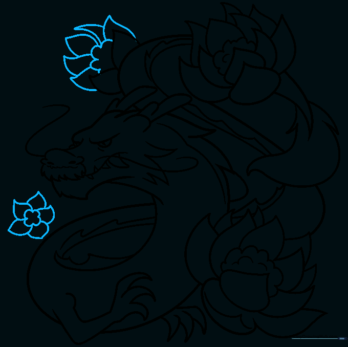 Finalizing the drawing by adding extra lotus flowers to the background.