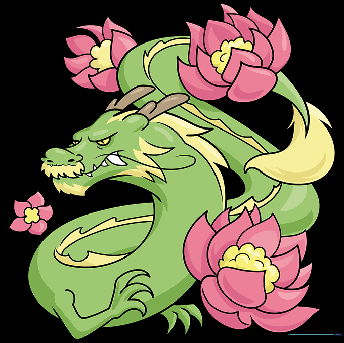 The completed dragon and flower drawing, fully colored with green, gold, and pink.