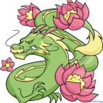 A vibrant, finished illustration of a friendly dragon surrounded by lotus flowers.