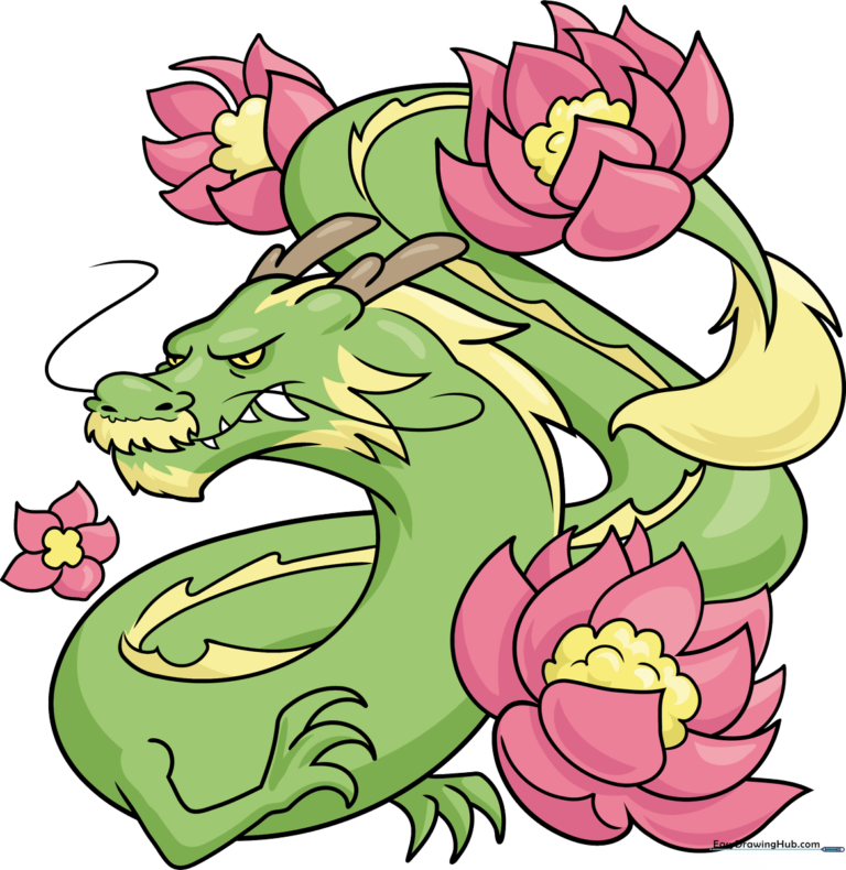 A vibrant, finished illustration of a friendly dragon surrounded by lotus flowers.