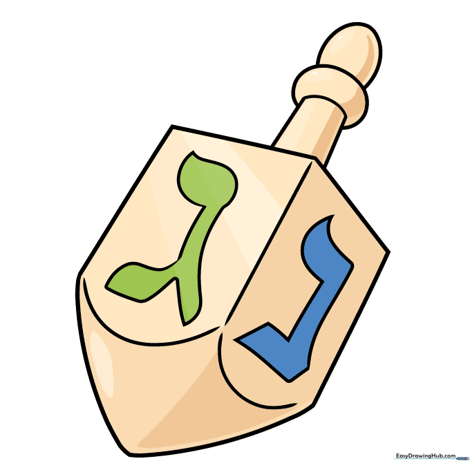 A fully colored and outlined dreidel drawing ready for display.