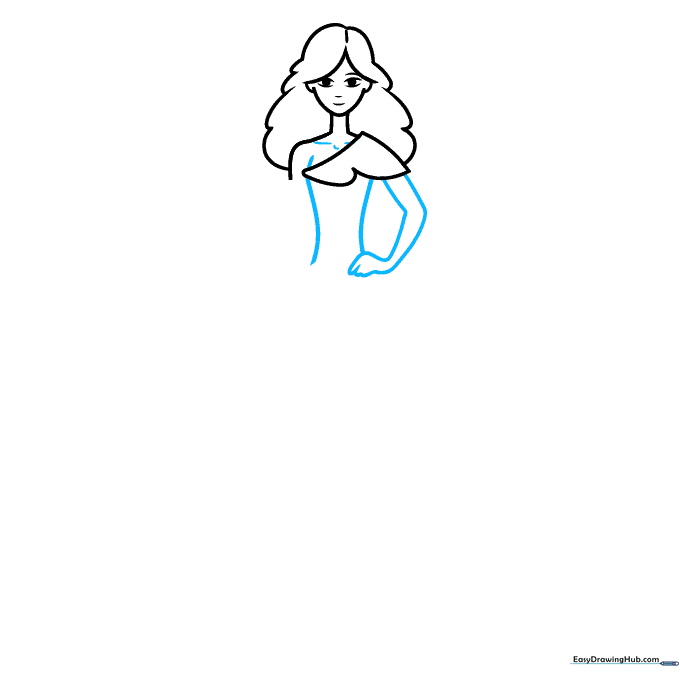 Sketching the torso, arm, and hand on the hip.