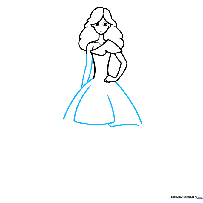 Adding the skirt portion of the dress with flowing lines.
