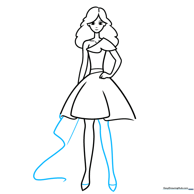Adding high-heeled shoes and fabric folds to the skirt.