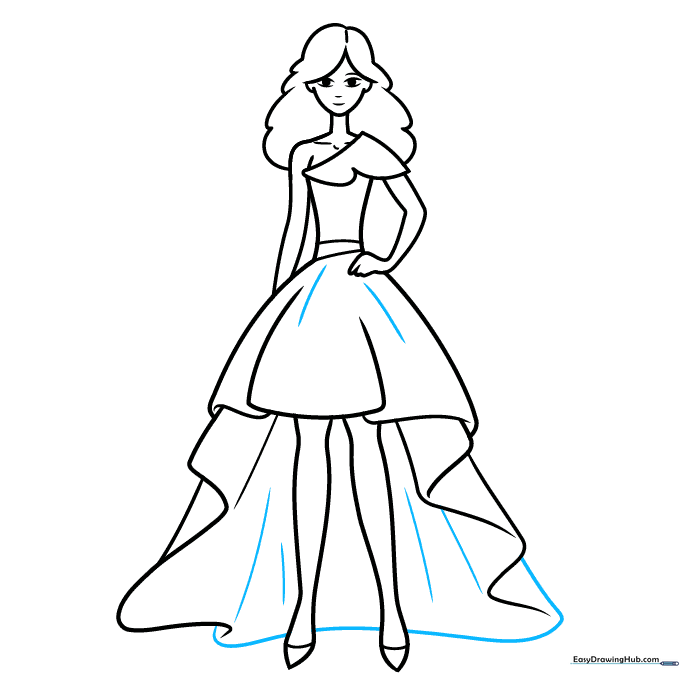 Finalizing the skirt outline and cleaning up the drawing.