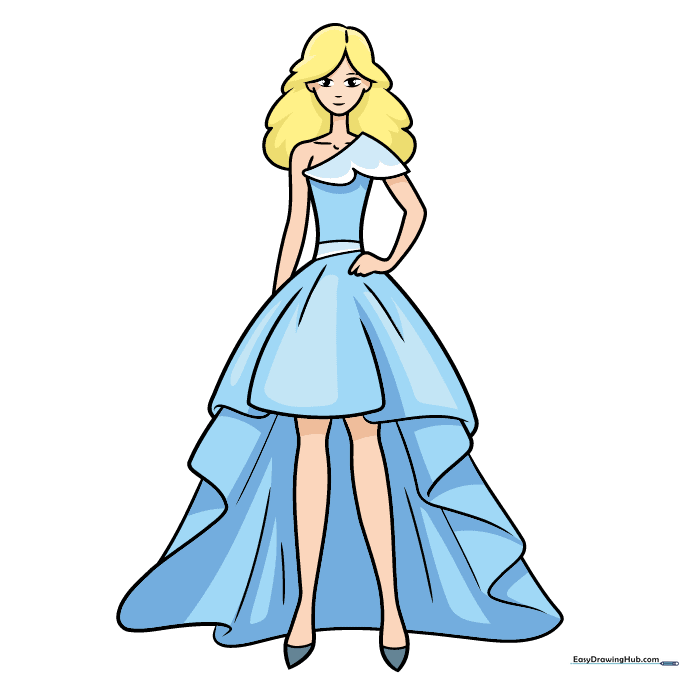 Finished, colored drawing of a stylish dress design.