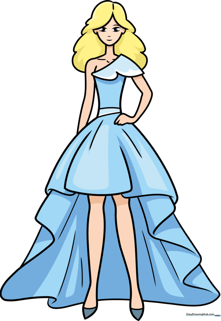 Colorful illustration of a completed fashion dress design.