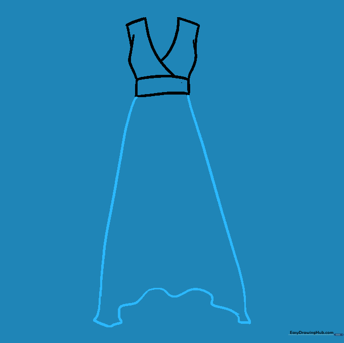 Outlining the long, flowing skirt of the dress with a wavy hemline