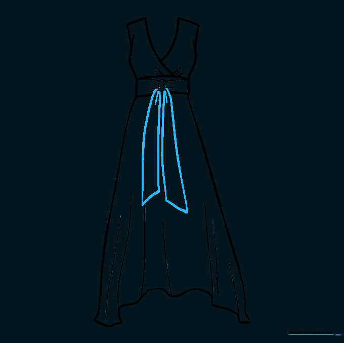 Drawing long ribbon tails hanging from the bow on the dress