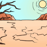 A colorful, finished illustration of a drought landscape featuring a withered tree and cracked earth.