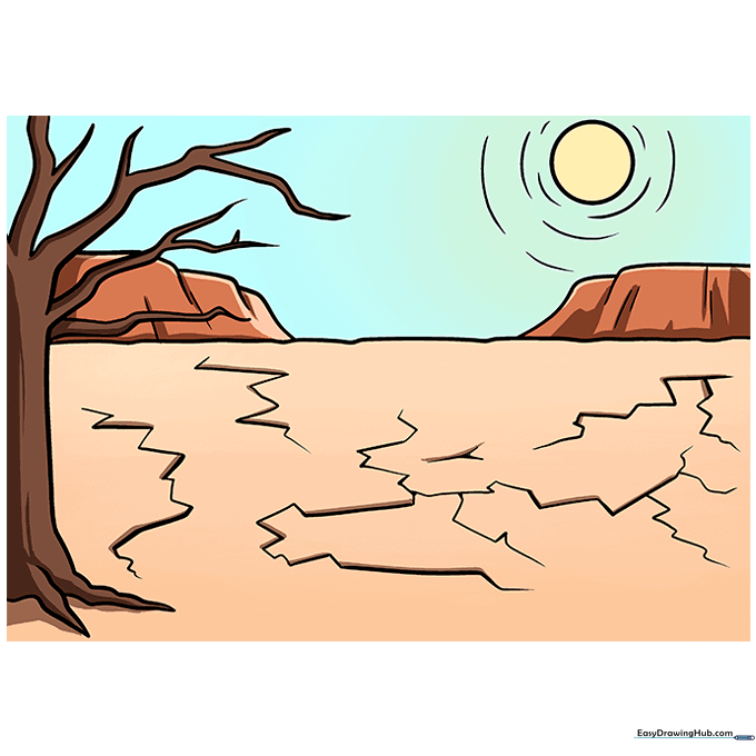 The final, colored version of the drought landscape drawing with vibrant colors and shadows.