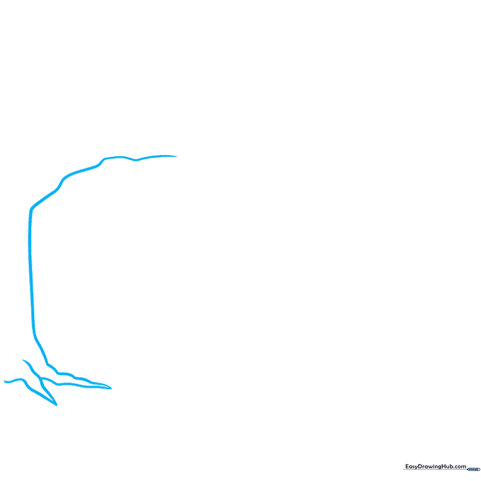 Pencil sketch showing the initial jagged outline of a withered tree root on a blank page.