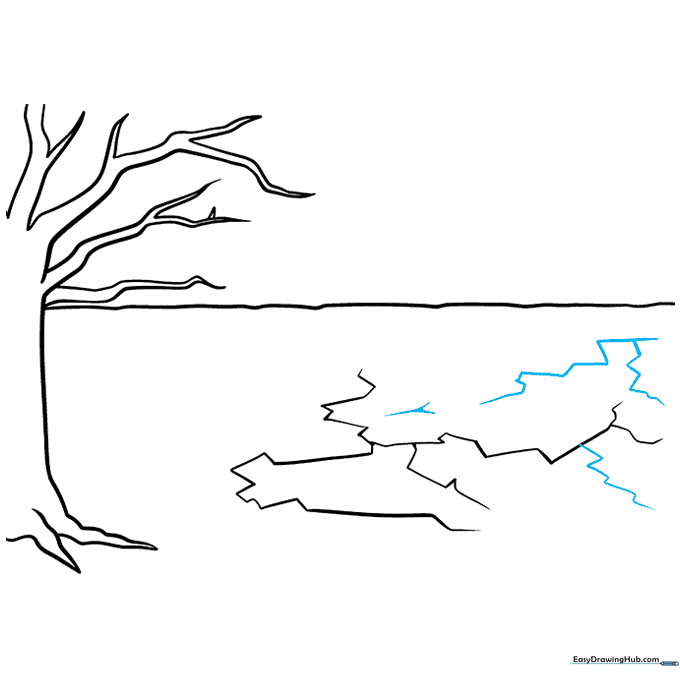 Drawing showing the ground filled with more interconnected, jagged cracks.