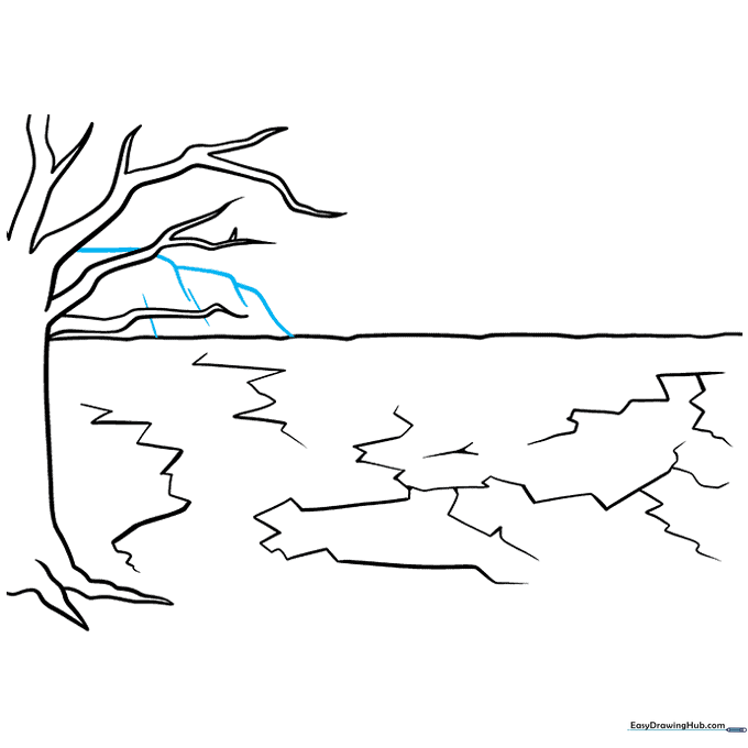 Drawing showing the addition of distant, blocky hills in the background.