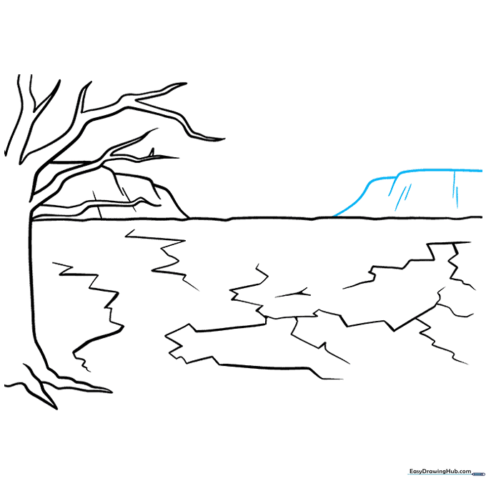 Drawing showing the completed background with hills on both sides of the horizon.