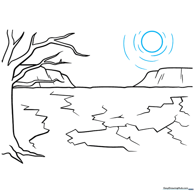 A sun with radiating rays is drawn in the upper corner of the landscape.