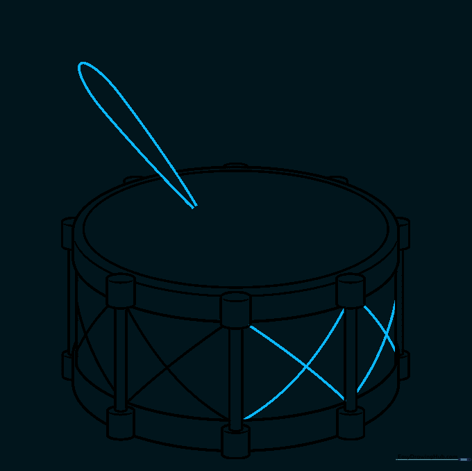 Sketching the first drumstick resting on the drum head.