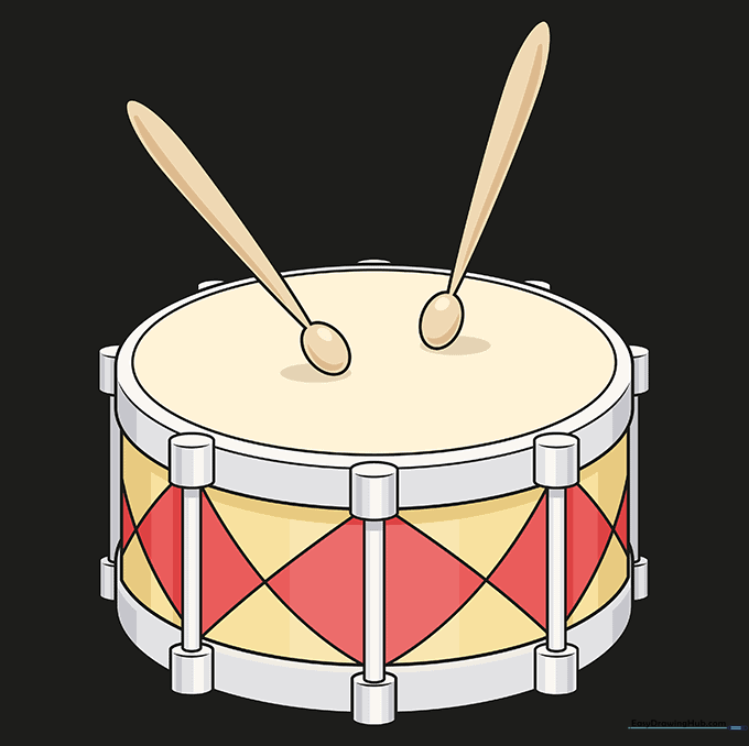 The final colored drum drawing with brown sticks and red and yellow decorative accents.