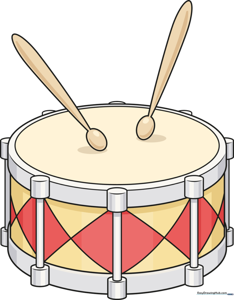 A vibrant, finished illustration of a snare drum with drumsticks, ready for a music lesson.