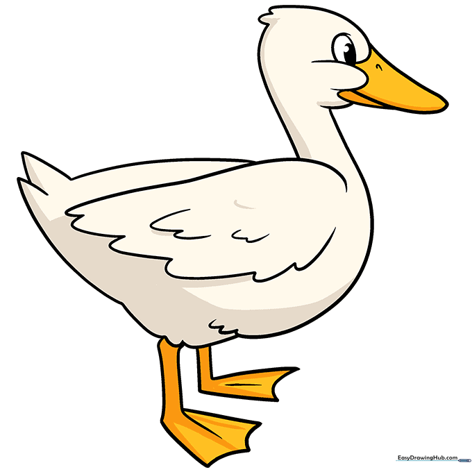 A fully colored cartoon duck with orange beak and feet.