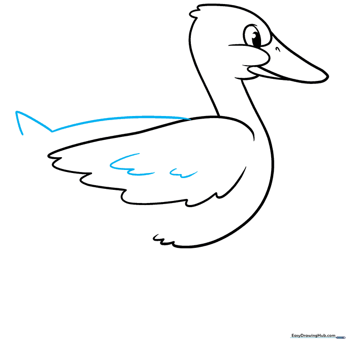 Drawing the duck's back and tail feathers with a distinct V-shape.