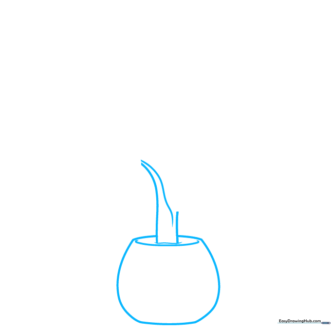 Pencil sketch of a flower pot base with a small stem starting to emerge from the soil line.