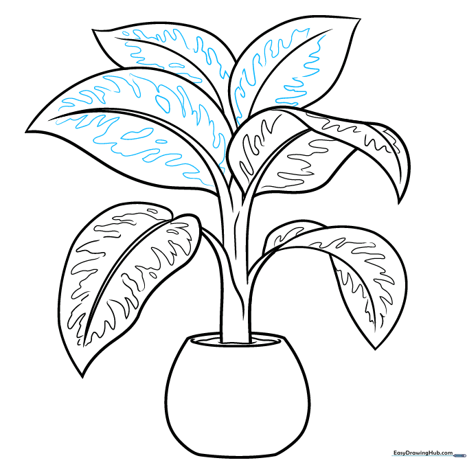Finalizing the leaf patterns with additional zigzag lines for a complete look.