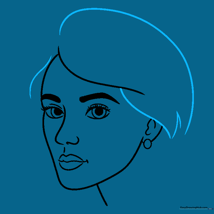 Drawing the hair volume using large curved shapes.