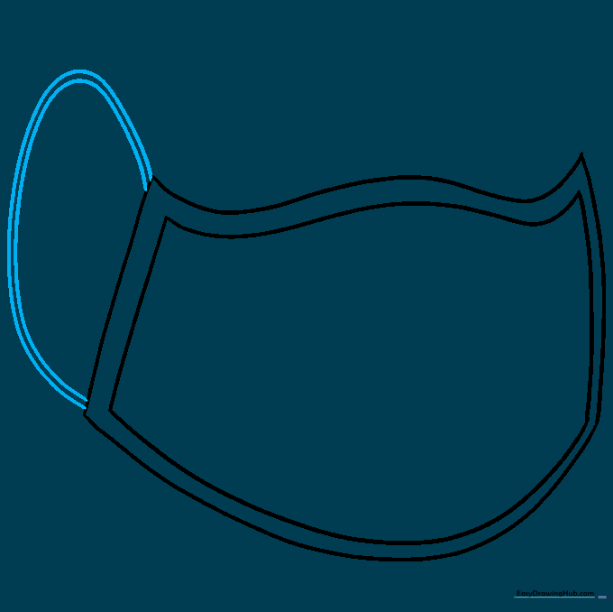 Drawing the first elastic ear loop on the left side of the mask.