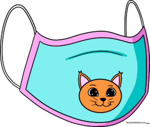 A colorful, finished drawing of a cat-themed face mask.